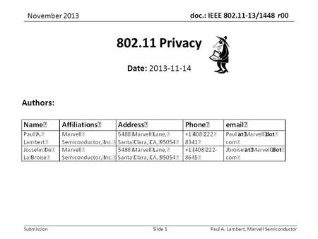 Doc.: IEEE 802.11-13/1448 r00 Submission Paul A. Lambert, Marvell SemiconductorSlide 1 802.11 Privacy Date: 2013-11-14 Authors: November 2013.