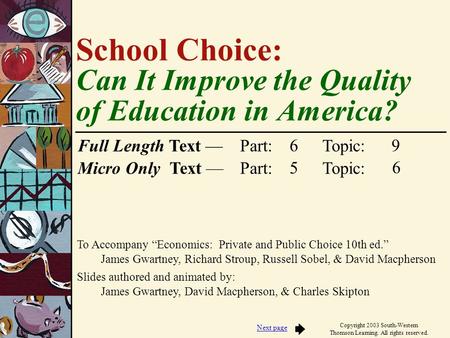 To Accompany “Economics: Private and Public Choice 10th ed.” James Gwartney, Richard Stroup, Russell Sobel, & David Macpherson Slides authored and animated.