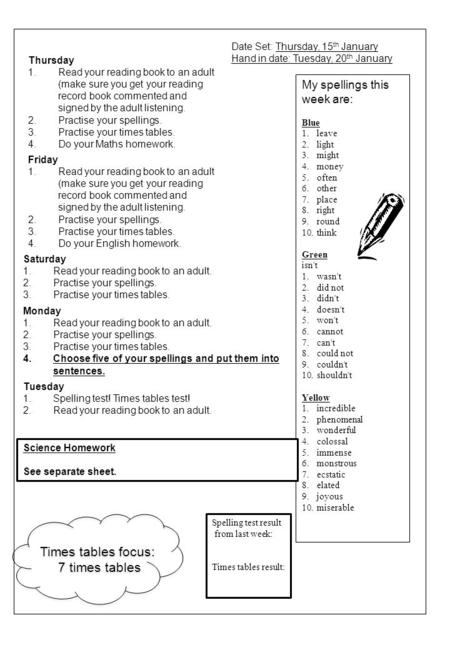 Friday 1.Read your reading book to an adult (make sure you get your reading record book commented and signed by the adult listening. 2.Practise your spellings.