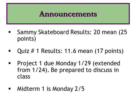 Announcements Sammy Skateboard Results: 20 mean (25 points)