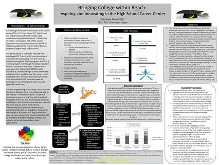 Bringing College within Reach: Inspiring and Innovating in the High School Career Center Kelly Rush, March 2012 EDLD 655, University of Oregon The Goal: