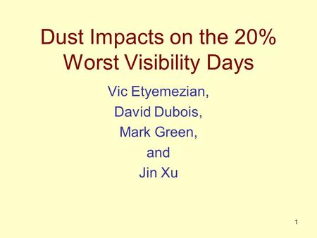 1 Dust Impacts on the 20% Worst Visibility Days Vic Etyemezian, David Dubois, Mark Green, and Jin Xu.