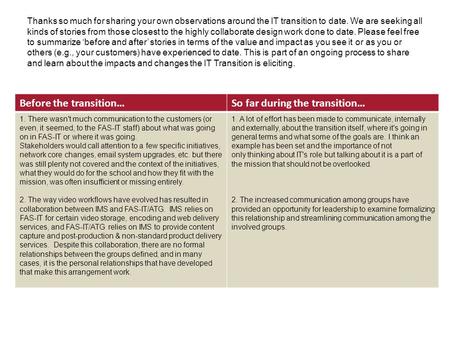 Before the transition…So far during the transition… 1. There wasn't much communication to the customers (or even, it seemed, to the FAS-IT staff) about.