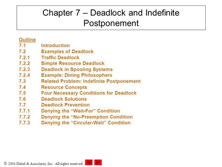  2004 Deitel & Associates, Inc. All rights reserved. Chapter 7 – Deadlock and Indefinite Postponement Outline 7.1 Introduction 7.2Examples of Deadlock.