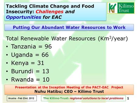 Tackling Climate Change and Food Insecurity: Challenges and Opportunities for EAC Arusha - Feb 23rd, 2012 1 The Kilimo Trust: regional solutions to local.