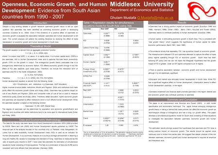 Openness, Economic Growth, and Human Development: Evidence from South Asian countries from 1990 - 2007 Middlesex University Department of Economics and.