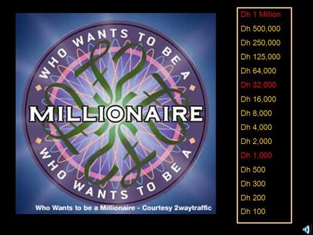 Dh 1 Million Dh 500,000 Dh 250,000 Dh 125,000 Dh 64,000 Dh 32,000 Dh 16,000 Dh 8,000 Dh 4,000 Dh 2,000 Dh 1,000 Dh 500 Dh 300 Dh 200 Dh 100.