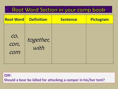 Root WordDefinitionSentencePictogram co, con, com together, with QW: Should a bear be killed for attacking a camper in his/her tent?