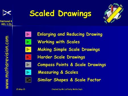 25-May-15Created by Mr. Lafferty Maths Dept. Measuring & Scales Working with Scales Scaled Drawings Scaled Drawings www.mathsrevision.com Making Simple.