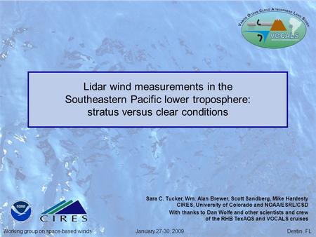 Working group on space-based winds January 27-30, 2009 Destin, FL Sara C. Tucker, Wm. Alan Brewer, Scott Sandberg, Mike Hardesty CIRES, University of Colorado.