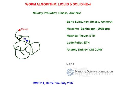 WORM ALGORITHM: LIQUID & SOLID HE-4 Nikolay Prokofiev, Umass, Amherst NASA RMBT14, Barcelona July 2007 Boris Svistunov, Umass, Amherst Massimo Boninsegni,