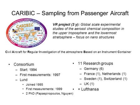 CARIBIC – Sampling from Passenger Aircraft Consortium –Start: 1994 –First measurements: 1997 –Lund Joined 1995 First measurements: 1999 2 PhD (Papaspiropoulos,