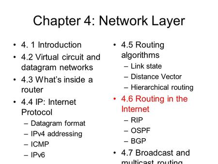 Chapter 4: Network Layer 4. 1 Introduction 4.2 Virtual circuit and datagram networks 4.3 What’s inside a router 4.4 IP: Internet Protocol –Datagram format.