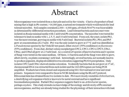 Abstract Microorganisms were isolated from a chat pile and soil in the vicinity. Chat is a byproduct of lead mining that is high in Pb content, >16,000.