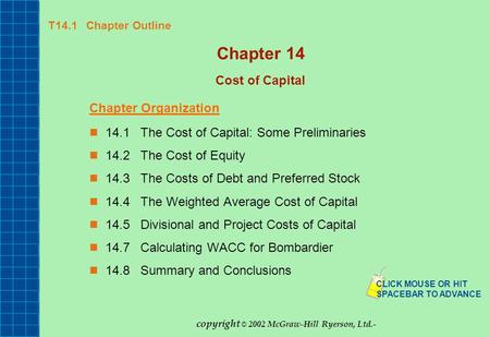 Chapter 14 Cost of Capital Chapter Organization