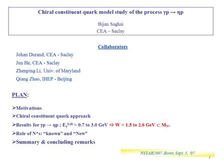 1 Collaborators Johan Durand, CEA - Saclay Jun He, CEA - Saclay Zhenping Li, Univ. of Maryland Qiang Zhao, IHEP - Beijing PLAN:  Motivations  Chiral.