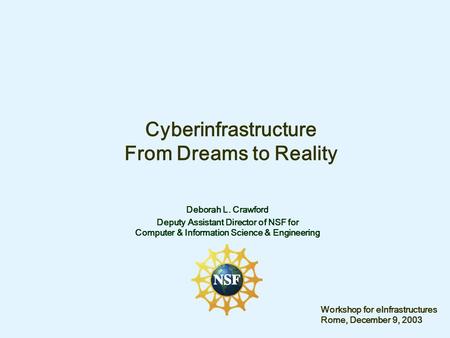 Cyberinfrastructure From Dreams to Reality Deborah L. Crawford Deputy Assistant Director of NSF for Computer & Information Science & Engineering Workshop.