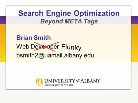 Search Engine Optimization Beyond META Tags Brian Smith Web Developer Flunky.