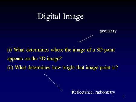 1 Digital Image (i) What determines where the image of a 3D point appears on the 2D image? (ii) What determines how bright that image point is? Reflectance,