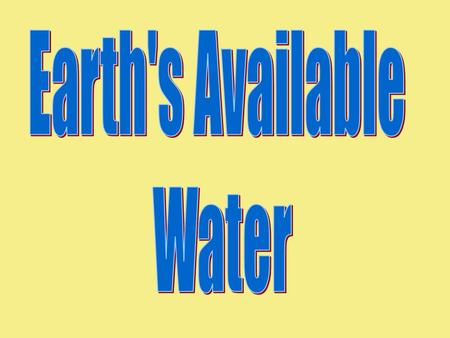 Oceans 97.2% All icecaps/glaciers2.0% Groundwater0.62% Freshwater lakes0.009% Inland seas/salt lakes0.008% Atmosphere0.001% All Rivers0.0001% Total99.8381%