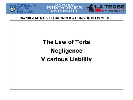 MANAGEMENT & LEGAL IMPLICATIONS OF eCOMMERCE The Law of Torts Negligence Vicarious Liability.