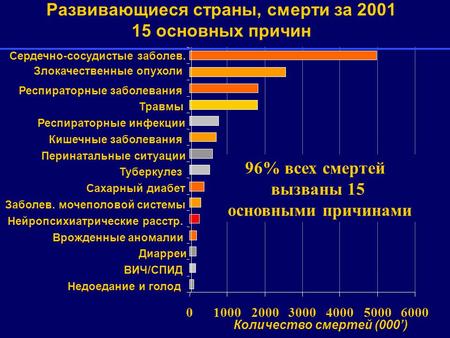 0100020003000400050006000 Недоедание и голод ВИЧ/СПИД Диарреи Врожденные аномалии Нейропсихиатрические расстр. Заболев. мочеполовой системы Сахарный диабет.