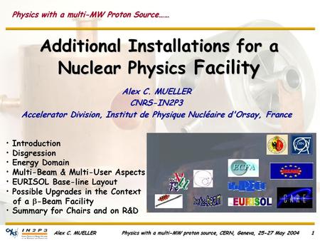 Alex C. MUELLER Physics with a multi-MW proton source, CERN, Geneva, 25-27 May 20041 Additional Installations for a Nuclear Physics Facility Alex C. MUELLER.