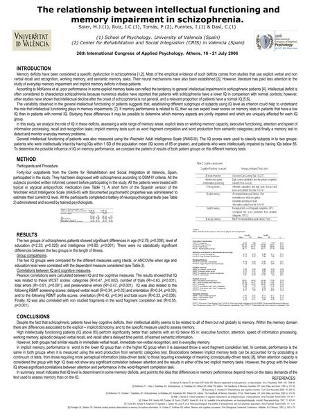 The relationship between intellectual functioning and memory impairment in schizophrenia. Soler, M.J.(1), Ruiz, J.C.(1), Tomás, P.(2), Fuentes, I.(1) &