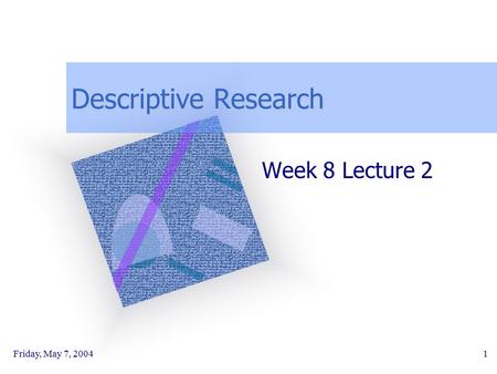 Friday, May 7, 20041 Descriptive Research Week 8 Lecture 2.