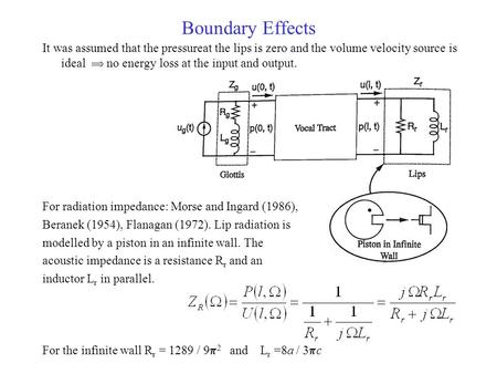 It was assumed that the pressureat the lips is zero and the volume velocity source is ideal  no energy loss at the input and output. For radiation impedance: