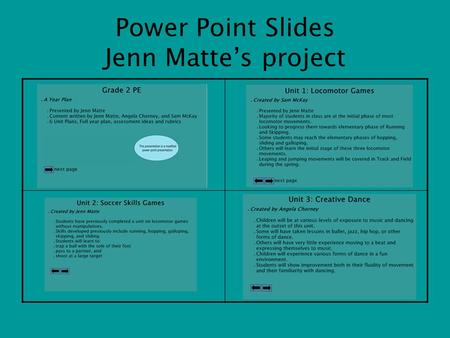 Power Point Slides Jenn Matte’s project. Grade 2 PE A Year Plan Presented by Jenn Matte Content written by Jenn Matte, Angela Chorney and Sam McKay 6.