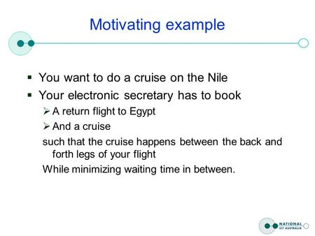 Motivating example  You want to do a cruise on the Nile  Your electronic secretary has to book  A return flight to Egypt  And a cruise such that the.