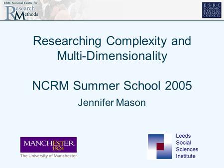 Researching Complexity and Multi-Dimensionality NCRM Summer School 2005 Jennifer Mason Leeds Social Sciences Institute.