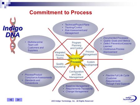 2003 Indigo Technology, Inc. All Rights Reserved Integrated Process Teams Process Management Quality Assurance Configuration and Data Management Program.