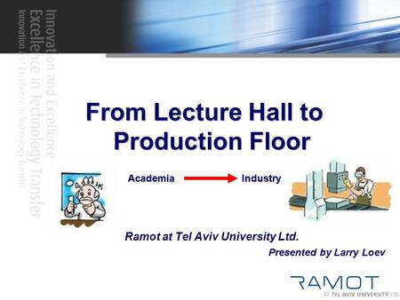 From Lecture Hall to Production Floor Academia Industry Ramot at Tel Aviv University Ltd. Presented by Larry Loev.