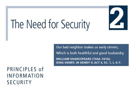 Principles of Information Security, 3rd Edition2  Recognize that organizations have a business need for information security  Understand that a successful.