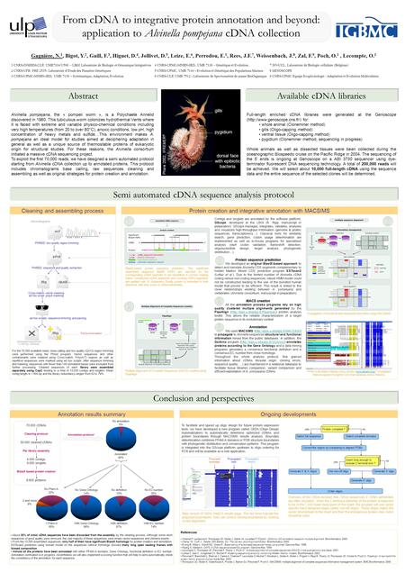 From cDNA to integrative protein annotation and beyond: application to Alvinella pompejana cDNA collection Gagnière, N. 1, Bigot, Y. 2, Gaill, F. 3, Higuet,