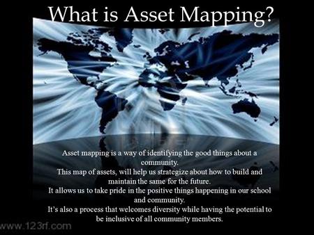 What is Asset Mapping? Asset mapping is a way of identifying the good things about a community. This map of assets, will help us strategize about how to.