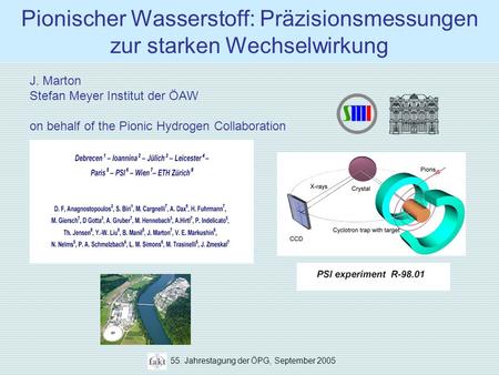 55. Jahrestagung der ÖPG, September 2005 Pionischer Wasserstoff: Präzisionsmessungen zur starken Wechselwirkung J. Marton Stefan Meyer Institut der ÖAW.