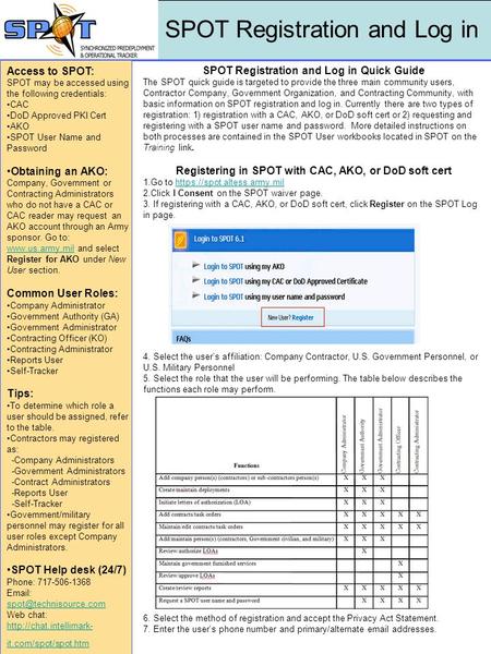 SPOT Registration and Log in Quick Guide The SPOT quick guide is targeted to provide the three main community users, Contractor Company, Government Organization,