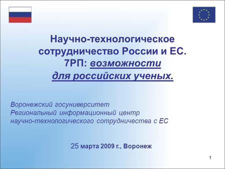 1 Воронежский госуниверситет Региональный информационный центр научно-технологического сотрудничества с ЕС 25 марта 2009 г., Воронеж Научно-технологическое.