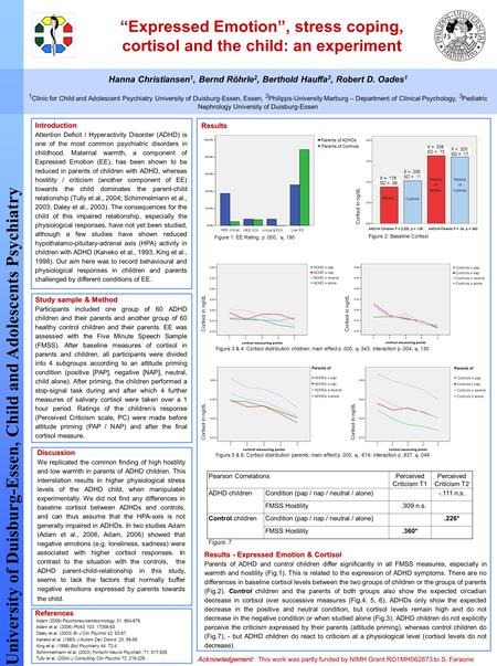 “Expressed Emotion”, stress coping, cortisol and the child: an experiment University of Duisburg-Essen, Child and Adolescents Psychiatry Hanna Christiansen.