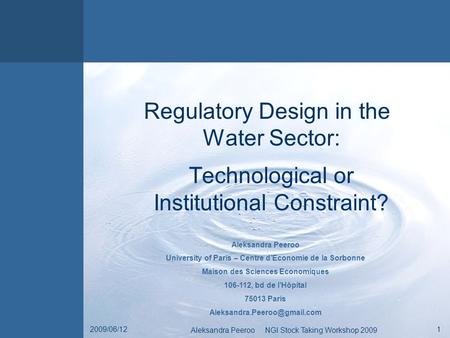 Succeeding in the US car market as German car manufacturer 2009/06/121 Aleksandra Peeroo NGI Stock Taking Workshop 2009 Regulatory Design in the Water.