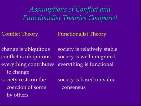 Assumptions of Conflict and Functionalist Theories Compared Conflict TheoryFunctionalist Theory change is ubiquitoussociety is relatively stable conflict.