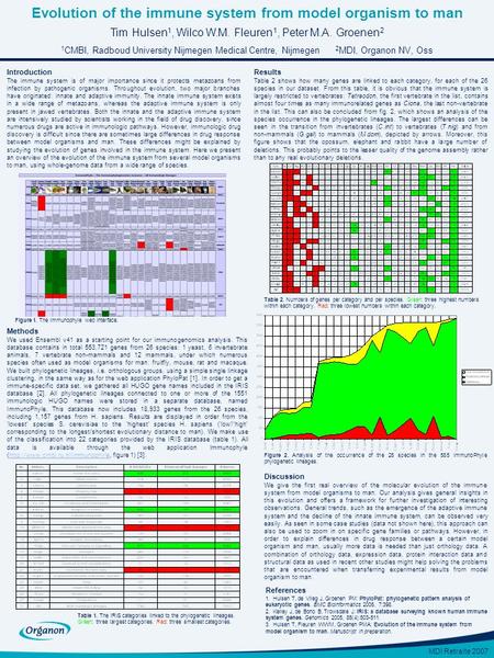 MDI Retraite 2007 Evolution of the immune system from model organism to man Tim Hulsen 1, Wilco W.M. Fleuren 1, Peter M.A. Groenen 2 1 CMBI, Radboud University.