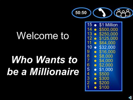 15 14 13 12 11 10 9 8 7 6 5 4 3 2 1 $1 Million $500,000 $250,000 $125,000 $64,000 $32,000 $16,000 $8,000 $4,000 $2,000 $1,000 $500 $300 $200 $100 Welcome.