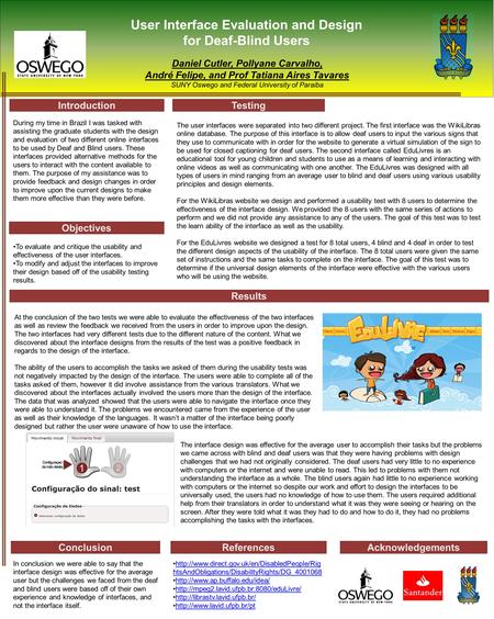 User Interface Evaluation and Design for Deaf-Blind Users Daniel Cutler, Pollyane Carvalho, André Felipe, and Prof Tatiana Aires Tavares SUNY Oswego and.