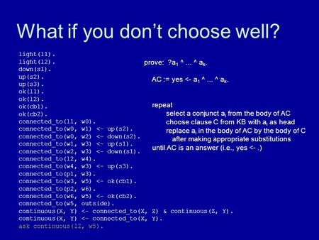 What if you don’t choose well? light(l1). light(l2). down(s1). up(s2). up(s3). ok(l1). ok(l2). ok(cb1). ok(cb2). connected_to(l1, w0). connected_to(w0,