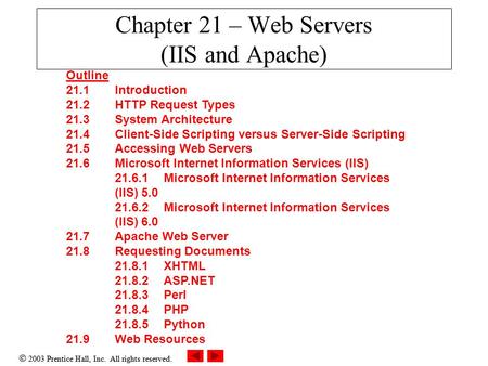  2003 Prentice Hall, Inc. All rights reserved. Chapter 21 – Web Servers (IIS and Apache) Outline 21.1 Introduction 21.2 HTTP Request Types 21.3 System.