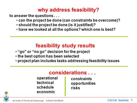 University of Toronto at Scarborough © Kersti Wain-Bantin CSCC40 feasibility 1 why address feasibility? to answer the questions... can the project be done.